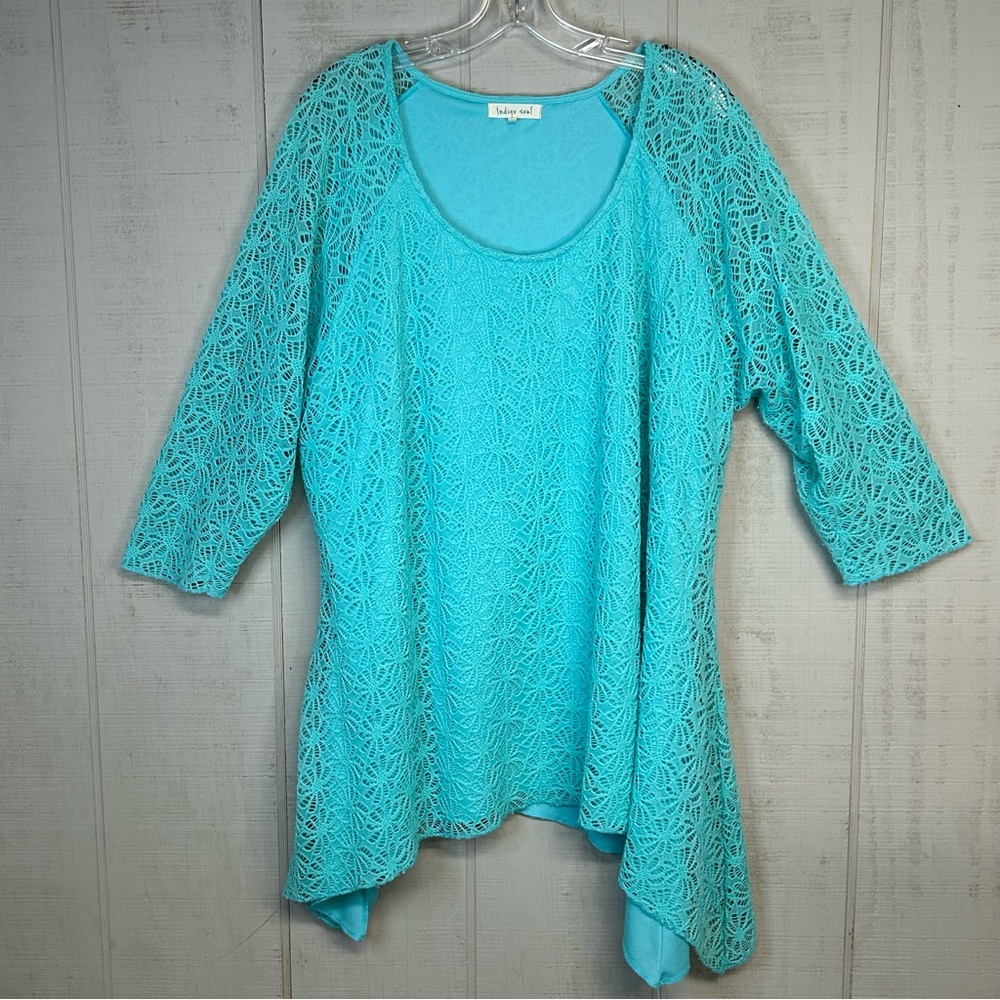 Indigo Soul Tunic Top 3X Pullover‎ 3/4 Sleeve Textured Lace Shark Bite Hem